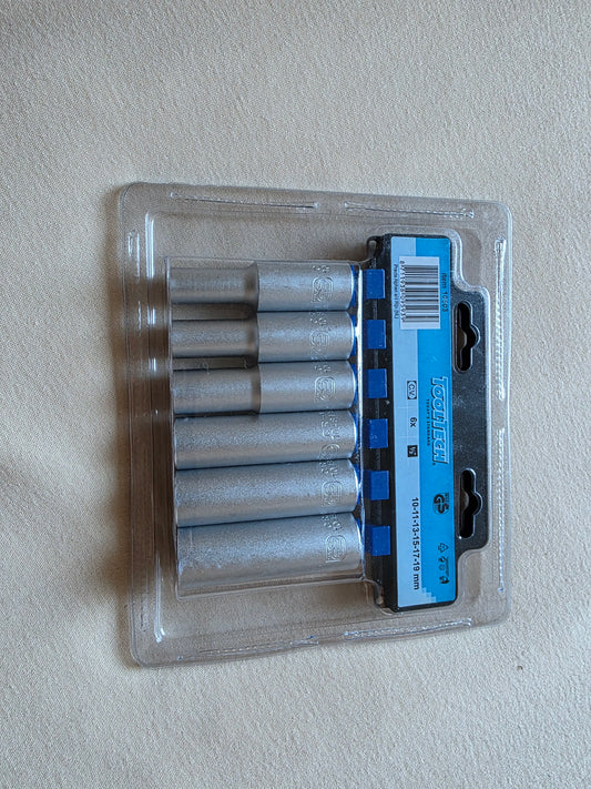 TooltechTiefbett-Stecknuss hex 1/2" CV - 6-teilig 10-11-13-15-17-19 mm in Halter